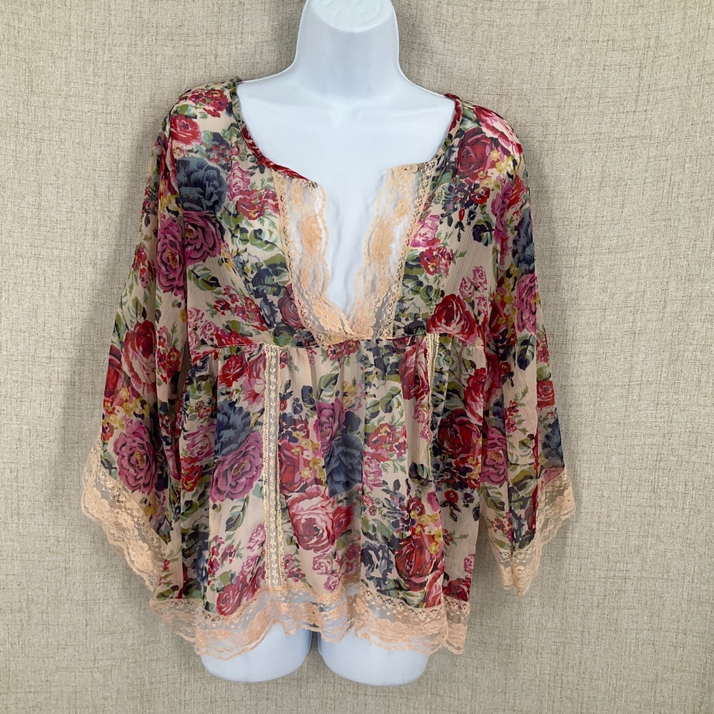 Angie Floral Blouse Womens Small Pink Boho Lace Trim Sheer V-Neck Top Flowy Airy